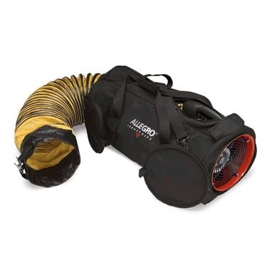 An Allegro 8" DC Air Bag with Ducting (model 9535-08DC) comes in a striking black and red axial design, featuring an attached flexible yellow duct. The lightweight ducting is neatly coiled beside the blower, which prominently displays the brand name "Allegro" on its side and includes a convenient carrying handle.