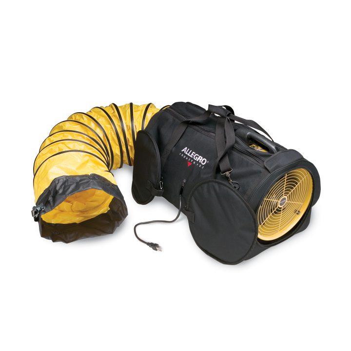 The Allegro 9535 Air Bag All-in-One Ventilation System, featuring a black casing and yellow flexible ducting hose, is designed for efficient ventilation or air movement. This system includes a convenient carrying handle for easy transport and setup.