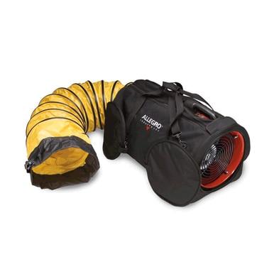 The Allegro 12″ DC Air Bag with Ducting (model 9535-12DC) is a portable ventilator equipped with a yellow flexible duct. This axial blower is housed in a black carrying case that features side pockets and the brand name "Allegro," making it easy to transport due to its lightweight ducting design.