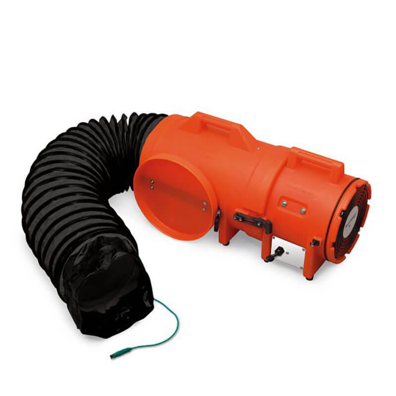 The Allegro 8" Plastic Axial EX Blower w/ Canister & Ducting 9538- is an orange fan essential for any ventilation system, featuring a black flexible duct that is neatly coiled and secured with a green strap at the open end. With convenient handles, this Allegro blower offers easy portability, ensuring efficient air circulation in industrial environments.