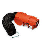 The Allegro 8" Plastic Axial EX Blower w/ Canister & Ducting 9538- by Allegro is an orange axial blower equipped with a long, flexible black duct designed for portable ventilation. It features a sturdy handle for easy transport and has control switches conveniently located on the side.