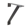 Introducing the Allegro Mount by Allegro: A black metal shelf bracket meticulously crafted from cold rolled steel, featuring a sleek Z-shaped design. It includes two mounting holes on each end flange for secure attachment to a wall and shelf, accompanied by a bolt in the top corner for added reinforcement.