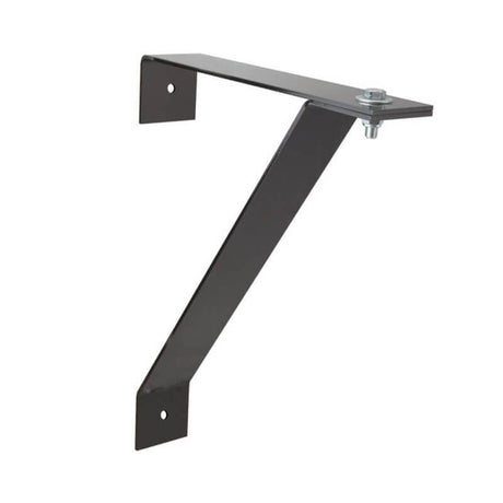 The Allegro Fan Mount (for High Output Fans) 9541 by Allegro is a sleek black metal bracket in a Z shape, crafted from durable cold rolled steel, featuring mounting holes on both ends for easy attachment.