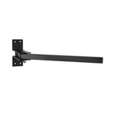 A black metal wall-mounted bracket crafted from cold rolled steel, featuring a rectangular arm for supporting items like shelves or electronic equipment. This sturdy bracket includes two sets of mounting plates with screw holes for secure attachment, making it ideal for the Allegro 9541 Fan Mount or other high-output fans.