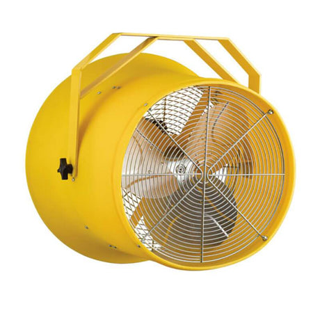 The Allegro High Output Fans 9541, featuring a high-velocity performance and protective metal grille, are built for industrial settings. The cylindrical frame houses four large blades, and the fan includes a yellow handle on top for easy portability.