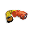 The Allegro 12 in Axial Blower with Canister and Ducting 9543 by Allegro is an industrial orange ventilation fan that comes with an attached yellow and black flexible duct. The blower is positioned to the right, and the duct elegantly spirals to the left, creating a portable kit perfect for effective airflow management.