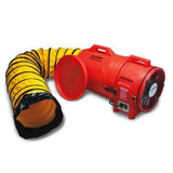 The Allegro 12 in Axial Blower with Canister and Ducting 9543 by Allegro is an industrial ventilation fan in red, paired with a yellow flexible duct tube, perfect for moving air or ventilating spaces. This portable kit includes a control panel and a protective grille on the fan, ensuring both efficient and safe operation.