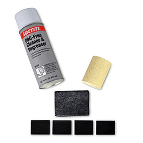 A Service Kit for Allegro Ambient Air Pumps, featuring a can of Loctite ODC-Free Cleaner and Degreaser, a cylindrical yellow sponge, a black scrub pad, and four small black adhesive squares, is neatly arranged on a white background, ready for efficient cleaning.