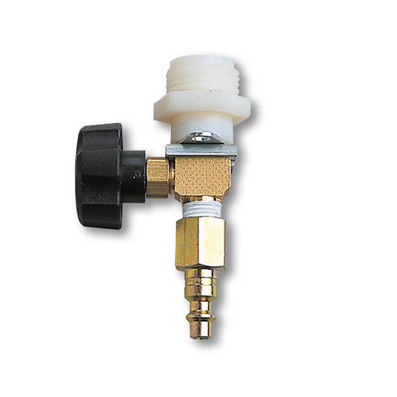 The Allegro Deluxe Supplied Air Shield/Helmet 9904 is depicted with a black knob, threaded white connector, and metallic fittings against a plain white background. Commonly used in plumbing or pneumatic systems, this assembly enhances PPE solutions for improved safety in accordance with ANSI Z87.1 standards.