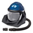 The Allegro Deluxe Supplied Air Shield/Helmet 9904 offers ANSI Z87.1 compliance, featuring a blue face shield with an attached flexible hose and a black shroud for superior protection in industrial or hazardous environments. This PPE solution from Allegro guarantees safety and reliability in demanding workplaces.