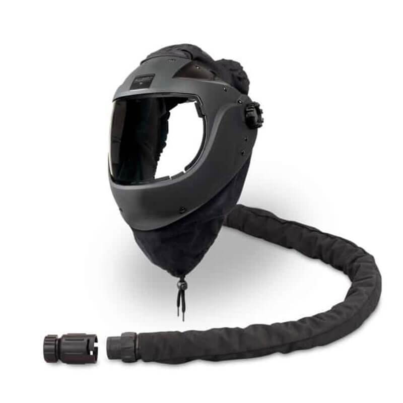 The Allegro EZ Air Flex Grinding Air Shield SAR 9907-G, by Allegro, is a black helmet featuring a protective visor attached to a long, flexible hose. Designed for welding or respiratory protection, it's made from textured and durable materials to ensure safety in hazardous environments.