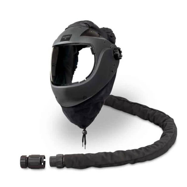 The Allegro EZ Air Flex Grinding Air Shield SAR 9907-G is a black protective helmet equipped with a large visor and a flexible hose, specifically designed for safety in industrial or hazardous environments. This supplied air respirator ensures respiratory protection by featuring a hose that ends in a detachable connector for adaptability.