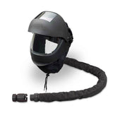 The Allegro EZ Air Flex Grinding/Welding Air Shield SAR 9907-WADF is a black protective helmet equipped with a clear visor and an attached flexible hose for respiratory protection. Featuring two connectors, it operates as a supplied air respirator, providing safety in ventilation or air supply systems.