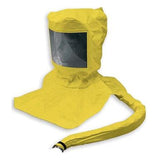 The Allegro Replacement Disposable Tyvek Hood 9933-20, featuring a clear visor and attached hose, is crafted from poly-coated DuPont Tyvek and is designed for hazardous environments.