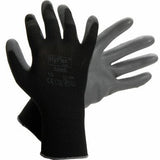 The Ansell HyFlex Polyurethane Coated Glove 11-600 is a pair of black and gray gloves featuring a black nylon knit liner and a polyurethane coating. The gloves have text and certification marks on the back, designed to provide enhanced grip and durability.