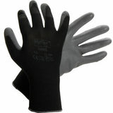 A pair of black Ansell HyFlex Polyurethane Coated Gloves 11-600 is shown, featuring gray polyurethane-coated palms and fingers. One glove faces upward, displaying the brand name and size, while the other is placed behind it. These gloves are designed for protective use in electronics assembly.
