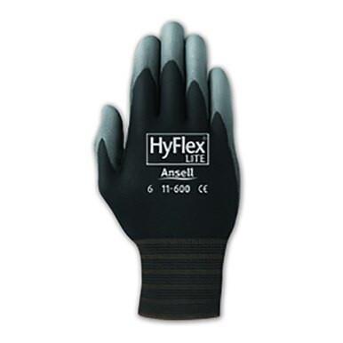 The Ansell HyFlex Polyurethane Coated Glove 11-600, available as a set of 12 pairs, features a gray polyurethane coating on the fingertips and palm. This black glove is perfect for electronics assembly and is displayed with the palm facing the viewer against a white background, highlighting its precision and versatility.