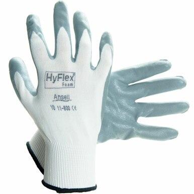 The Ansell HyFlex Foam Nitrile Glove 11-800, known for its suitability in automotive assembly tasks, is visually depicted with two gloves: one shown palm-up and the other palm-down. This presentation effectively highlights their textured design and foam nitrile coating that enhances grip. Each glove features the text "HyFlex Foam Ansell 10-11-800 CE" on its back, emphasizing their brand identity.