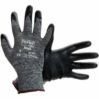 A pair of Ansell HyFlex Nitrile Foam Gloves 11-801 showcases a gray fabric exterior and black textured palms equipped with a foam nitrile coating. These size 9 gloves come with multiple safety certifications and incorporate a Knitted Variable Stitch Design for improved comfort.