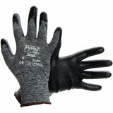 A pair of Ansell HyFlex Nitrile Foam Gloves 11-801, showcasing a gray knitted variable stitch pattern along with black foam nitrile-coated palms and fingers. The gloves possess safety certification symbols and a size label indicated as 9.