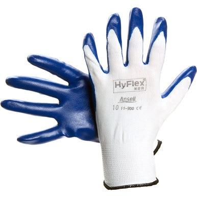 A pair of Ansell HyFlex Nitrile Dipped Gloves 11-900 in blue and white, featuring abrasion resistance. These gloves showcase a white fabric base with a durable blue nitrile coating on the fingers and palms, designed for superior grip and protection.