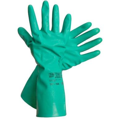 The Ansell Sol-Vex Unlined Nitrile Chemical Resistant Gloves 37-155 (12 pairs), recognized for their chemical resistance, are showcased against a white background. They seem thick and durable, making them ideal for handling chemicals or performing cleaning tasks. One glove is slightly raised with the palm facing forward.