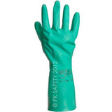 An Ansell Sol-Vex Unlined Nitrile Chemical Resistant Glove 37-155 is shown with its fingers spread apart, demonstrating superb chemical resistance. The wrist area of the glove includes text and a logo, set against a plain white background.