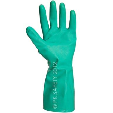 An Ansell Sol-Vex Unlined Nitrile Chemical Resistant Glove 37-155, displayed upright against a white background, showcases its green color and long cuff. The glove offers abrasion resistance with a slightly textured surface, making it ideal for safety and protection in various tasks.