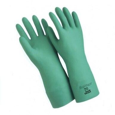 Ansell Flock Lined Nitrile Glove 37-175 (12 pairs), featuring a wet grip finish and embossed text on the wrist to highlight their chemical resistance, are displayed overlapping against a white background.