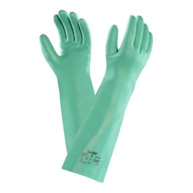 A pair of Ansell Elbow Length Nitrile Gloves 37-185, designed for chemical resistance with extended cuffs, is displayed against a white background. These safety gloves from Ansell showcase their textured grip and seamless construction.