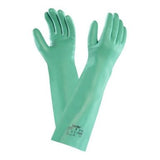 A pair of Ansell Elbow Length Nitrile Gloves 37-185 in green, featuring extended cuffs and printed text on the back of the hand. These gloves are designed for industrial or laboratory use and provide excellent chemical resistance.