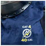 Close-up of the NSA Enespro ArcGuard Performance 40 Cal Lift Front Hood ARC40H, part of Arc Flash Clothing, featuring a blue design with a clear face shield, lightning bolt logo, and “CAT 4 40 CAL” in white and yellow.