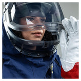 A person wearing the NSA Enespro ArcGuard Performance 40 Cal Lift Front Hood (ARC40H), along with a blue protective suit and white gloves, is shown adjusting the helmet—ideal attire for hazardous work environments.