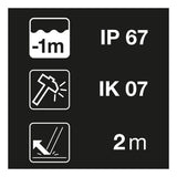 Icons display the Petzl ARIA Headlamp by Petzl: waterproof to 1 meter (IP67), impact resistant (IK07, hammer icon), drop resistant from 2 meters—all shown on a black background.