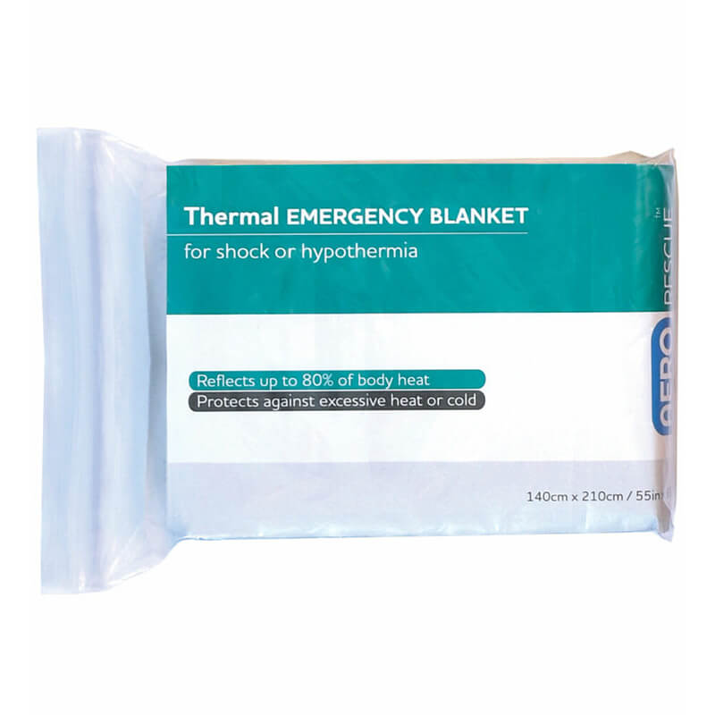 The Aero Healthcare RAPIDSTOP Bleed Control Kit EMS Pro includes a thermal emergency blanket (140 cm x 210 cm) labeled for shock/hypothermia, reflecting up to 80% of body heat for protection against excessive heat or cold—ideal for bleed control and tourniquet use.