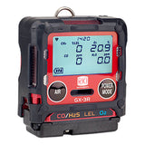 The RKI Instruments GX-3R 4 Gas Confined Space Monitor 72-RA-C features a digital display for CO, H₂S, O₂, and combustibles. This compact black and red device with "AIR" and "POWER MODE" buttons is ideal for confined space monitoring.