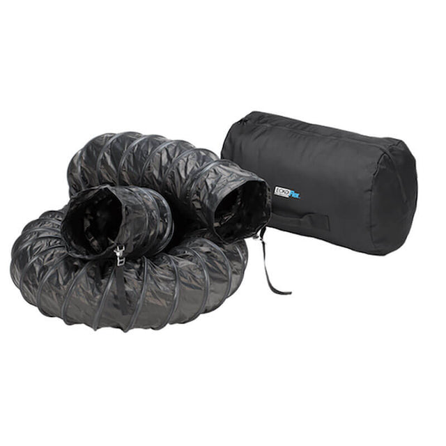 The Euramco Anti-Static Duct - 12", featuring a coiled black design with flame retardant properties and a zippered closure, is ideal for forced ventilation, and it sits beside a black carrying bag on a white background.