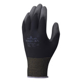 A single SHOWA BO500B General Purpose Glove by Showa Best, in black with a textured palm, yellow stitching at the wrist, and printed size and brand details on the back of the hand, displayed against a white background.