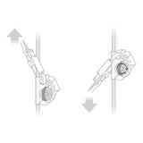 Line drawing showing a Petzl ASAP Compact Mobile Fall Arrester for Rope B070AB00 attached to a vertical rope: left shows device moving up, right shows it rotating and descending, with arrows indicating motion and rope safety.