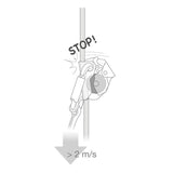 Line drawing of the Petzl ASAP Compact Mobile Fall Arrester for Rope B070AB00 clamping onto a vertical rope with a "STOP!" label, showing it auto-stops descent if speed exceeds 2 m/s for enhanced rope safety.