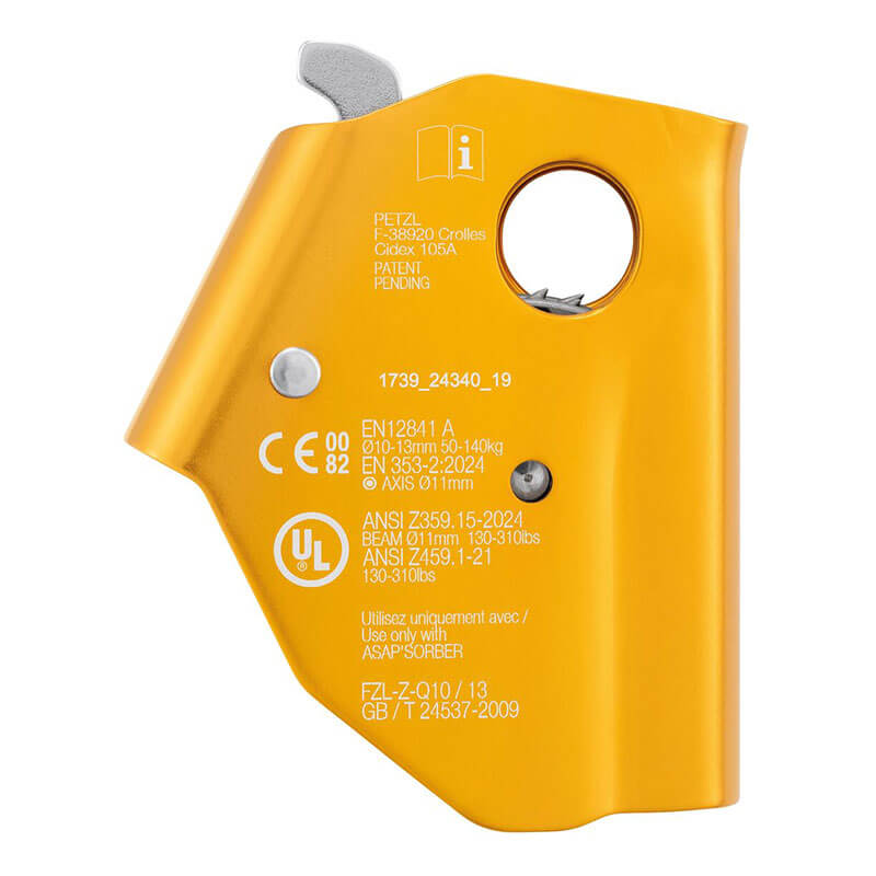 A yellow Petzl mechanical ascender with a metal cam and rope safety certifications, designed for climbing and rope access, is compatible with the Petzl ASAP Compact Mobile Fall Arrester for Rope B070AB00.