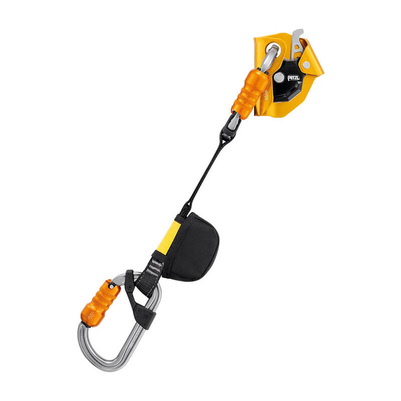 The Petzl ASAP Fall Arrest Kit US B070EA0_ by Petzl includes an integrated energy absorber, orange locking carabiner, and yellow-black mobile fall arrester for industrial or climbing fall protection at height.