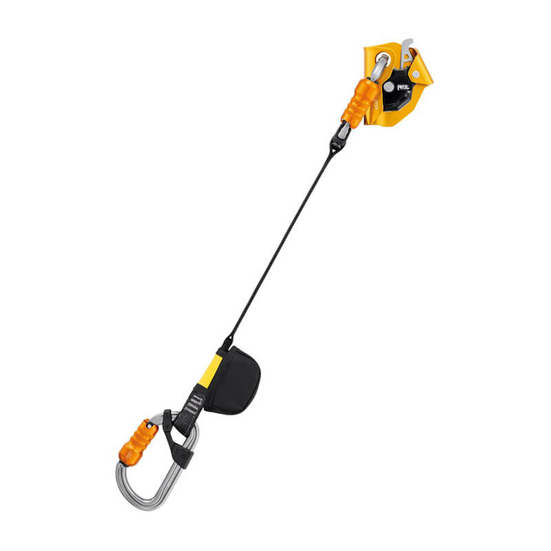 The Petzl ASAP Fall Arrest Kit US B070EA0 is a yellow and black fall protection lanyard with a carabiner and mobile fall arrester, designed by Petzl for climbing or use within a fall arrest system.