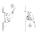 Line drawing of Petzl ASAP LOCK B071BB00 by Petzl on rope: handle up allows ascent; handle down, toothed cam enables descent. Arrows and fall protection details emphasize rope safety.