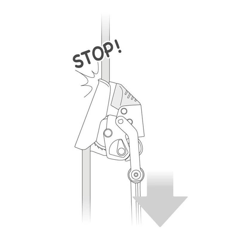 Line drawing of the Petzl ASAP LOCK B071BB00 belay device by Petzl clamped to a rope, with "STOP!" above and a large downward arrow below, highlighting how this fall protection device prevents the rope from slipping downward.