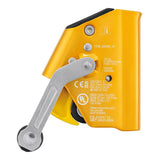 The Petzl ASAP LOCK B071BB00 is a yellow and silver rope safety device with a lever, markings, and certification labels from Petzl, designed for climbing or industrial fall protection.
