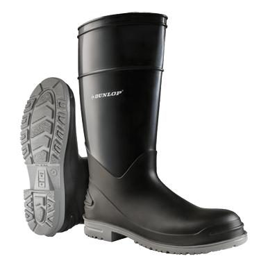 The Dunlop PolyGoliath Plain Toe Boots 89680 feature a black rubber design with the "Dunlop" brand visible on the side. One boot stands upright while the other is tilted to showcase its treaded sole. These boots are crafted as protective footwear, offering excellent chemical resistance for various environments.