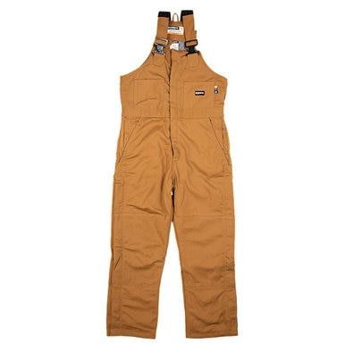 Introducing the Berne FR Deluxe Brown Duck Bib Overalls FRB05BD, a sturdy workwear essential from Berne. These overalls feature adjustable straps, multiple pockets, and a zip front closure. Crafted with flame-resistant fabric enhanced by modacrylic insulation, they are ideal for outdoor or manual labor tasks due to their durability.