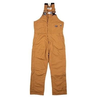 The Berne FR Deluxe Brown Duck Bib Overalls FRB05BD are showcased on a white background. These overalls boast multiple pockets, a front zipper, and adjustable shoulder straps with buckle closures, providing both safety and functionality in demanding environments.