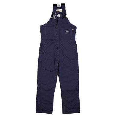 The Berne FR Deluxe Navy Blue Bib Overalls (FRB05ND) feature adjustable shoulder straps, multiple pockets, and a front zipper closure. They meet FR clothing standards and are displayed on a white background.